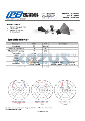 PE9852-2F-20 datasheet - Standard Gain Horns SMA & 2.92mm Female Connectors