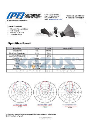 PE9854-NF-15 datasheet - Standard Gain Horns N Female Connectors