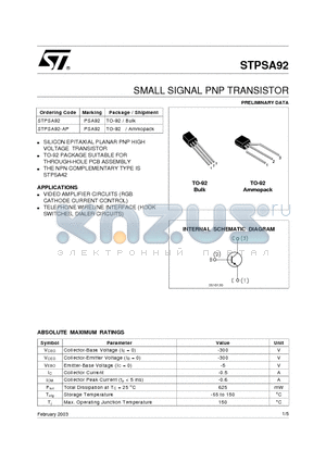 PSA92 datasheet - SMALL SIGNAL PNP TRANSISTOR