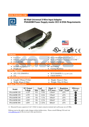 PSAA60M-180 datasheet - 60 Watt Universal 3-Wire Input Adapter