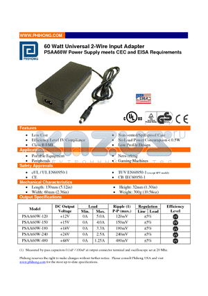 PSAA60W-120 datasheet - 60 Watt Universal 2-Wire Input Adapter