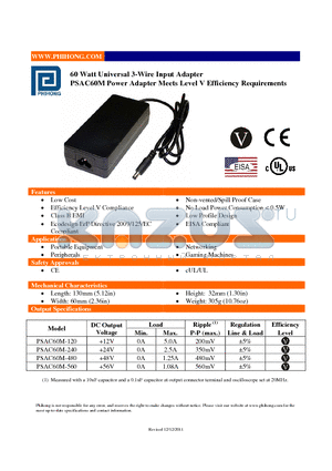 PSAC60M-120 datasheet - 60 Watt Universal 3-Wire Input Adapter