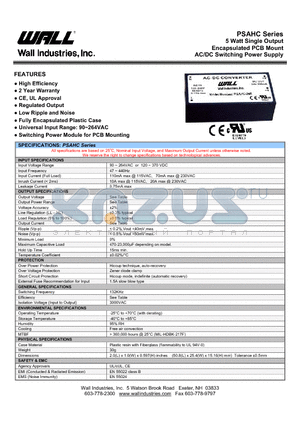 PSAHC-5S datasheet - 5 Watt Single Output Encapsulated PCB Mount AC/DC Switching Power Supply