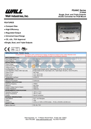 PSANC datasheet - 15 Watt Single, Dual, and Triple Outputs AC/DC Converter for PCB Mount