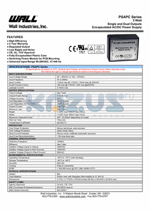 PSAPC-5D datasheet - 5 Watt Single and Dual Outputs Encapsulated AC/DC Power Supply