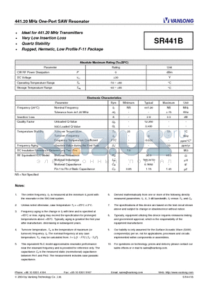 SR441B datasheet - 441.20 MHz One-Port SAW Resonator