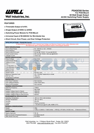 PSAQC60-5S datasheet - For PCB Mount 60 Watt Single Output AC/DC Switching Power Supply