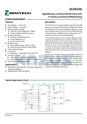 SC5014A datasheet - High Efficiency 2-Channel HB LED Driver with I2C Interface and Direct PWM Dimming