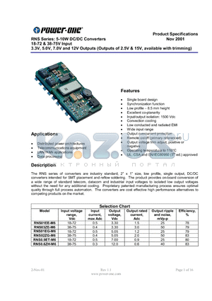 RNS01EG-M6 datasheet - RNS Series: 5-10W DC/DC Converters 18-72 & 38-75V Input 3.3V, 5.0V, 7.0V and 12V Outputs Outputs of 2.5V & 15V, available with trimming