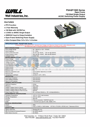 PSAQF150O-3.3S datasheet - Open Frame 150 Watt Single Output AC/DC Switching Power Supply