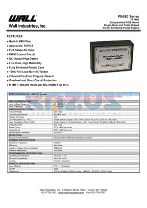 PSASC datasheet - 30 Watt Encapsulated PCB Mount Single, Dual, and Triple Output AC/DC Switching Power Supply