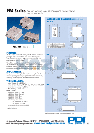 PEA datasheet - CHASSIS MOUNT, HIGH PERFORMANCE, SINGLE STAGE EMI/RFI LINE FILTER.