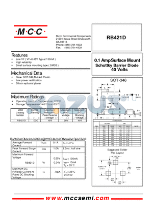 RB421D datasheet - 40 Volts 0.1 Amp Surface Mount Schottky Barrier Diode