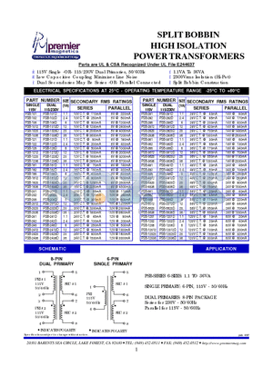 PSB-1620 datasheet - SPLIT BOBBIN HIGH ISOLATION POWER TRANSFORMERS