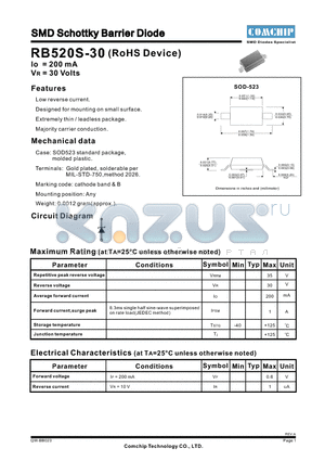 RB520S-30 datasheet - SMD Schottky Barrier Diode