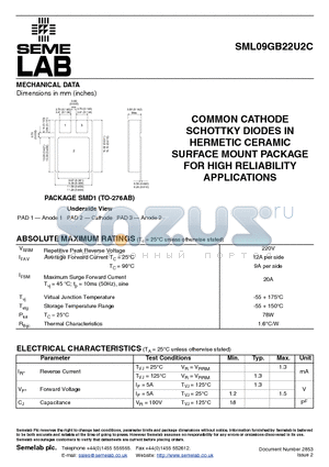 SML09GB22U2C datasheet - COMMON CATHODE SCHOTTKY DIODES IN HERMETIC CERAMIC SURFACE MOUNT PACKAGE FOR HIGH RELIABILITY APPLICATIONS