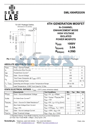 SML1004R2GXN datasheet - 4TH GENERATION MOSFET NCHANNEL ENHANCEMENT MODE HIGH VOLTAGE ISOLATED POWER MOSFETS