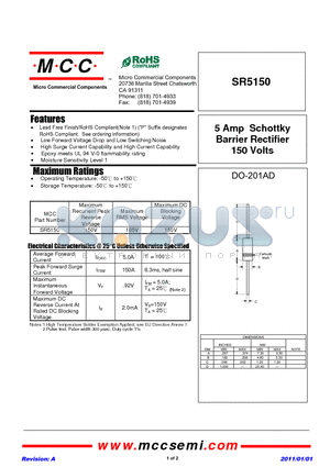 SR5150 datasheet - 5 Amp Schottky Barrier Rectifier 150 Volts