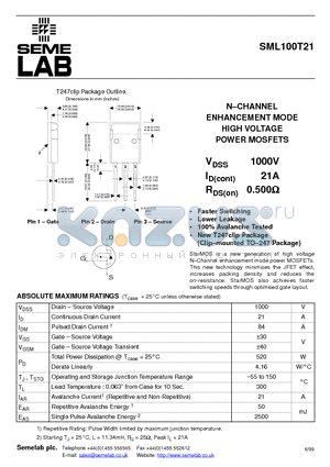 SML100T21 datasheet - N-CHANNEL ENHANCEMENT MODE HIGH VOLTAGE POWER MOSFETS