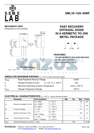 SML1012A258R datasheet - FAST RECOVERY EPITAXIAL DIODE IN A HERMETIC TO-258 METAL PACKAGE