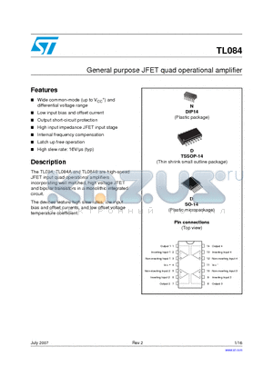 TL084 datasheet - General purpose JFET quad operational amplifier