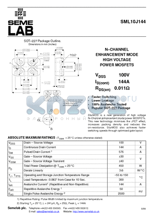 SML10J144 datasheet - N-CHANNEL ENHANCEMENT MODE HIGH VOLTAGE POWER MOSFETS