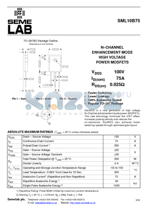 SML10B75 datasheet - N-CHANNEL ENHANCEMENT MODE HIGH VOLTAGE POWER MOSFETS