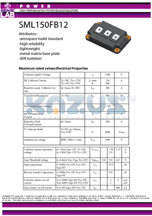 SML150FB12 datasheet - HIGH PERFORMANCE POWER SEMICONDUCTORS