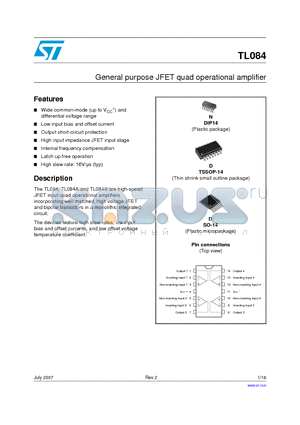 TL084ACD datasheet - General purpose JFET quad operational amplifier