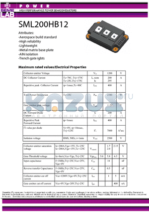 SML200HB12 datasheet - HIGH PERFORMANCE POWER SEMICONDUCTORS
