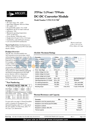 V375C3V3H75B datasheet - 375Vin / 3.3Vout / 75Watts DC-DC Converter Module