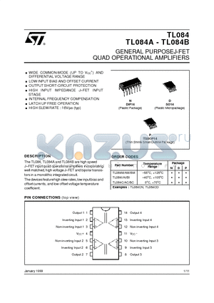 TL084AID datasheet - GENERAL PURPOSEJ-FET QUAD OPERATIONAL AMPLIFIERS