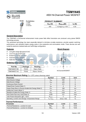 TSM1N45 datasheet - 450V N-Channel Power MOSFET