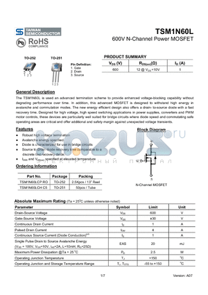 TSM1N60LCH datasheet - 600V N-Channel Power MOSFET