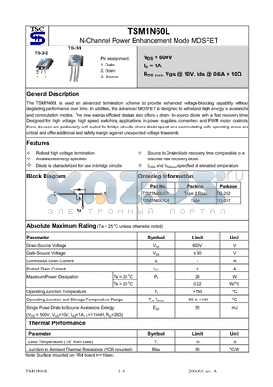 TSM1N60LCP datasheet - N-Channel Power Enhancement Mode MOSFET