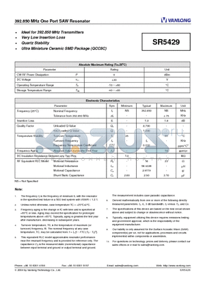 SR5429 datasheet - 392.850 MHz One Port SAW Resonator