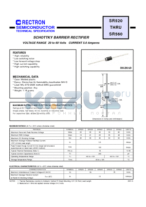 SR550 datasheet - SCHOTTKY BARRIER RECTIFIER (VOLTAGE RANGE 20 to 60 Volts CURRENT 5.0 Amperes)