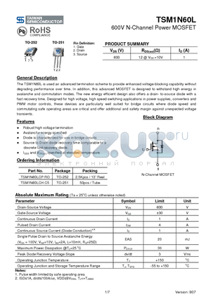 TSM1N60LCPRO datasheet - 600V N-Channel Power MOSFET