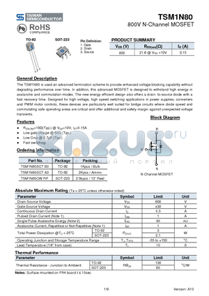 TSM1N80 datasheet - 800V N-Channel MOSFET