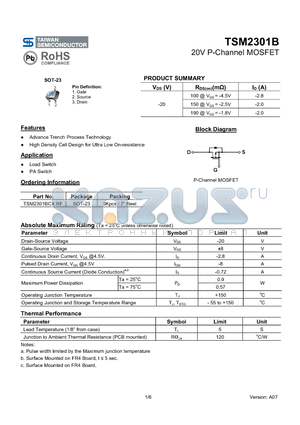 TSM2301B datasheet - 20V P-Channel MOSFET