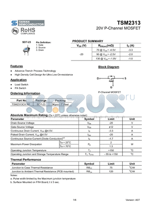 TSM2301BCXRF datasheet - 20V P-Channel MOSFET