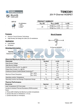 TSM2301CXRF datasheet - 20V P-Channel MOSFET