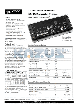 V375C48H600B datasheet - 375Vin / 48Vout / 600Watts DC-DC Converter Module