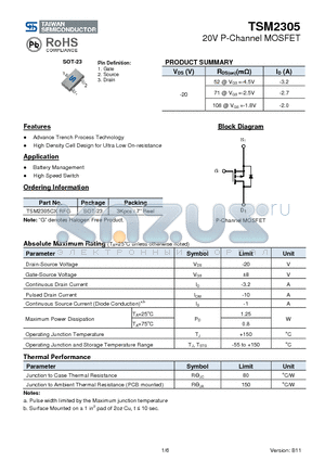 TSM2305CXRFG datasheet - 20V P-Channel MOSFET