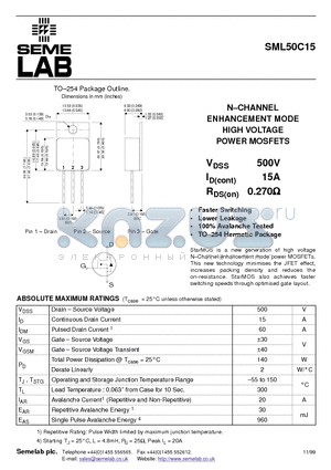 SML50C15 datasheet - N-CHANNEL ENHANCEMENT MODE HIGH VOLTAGE POWER MOSFETS