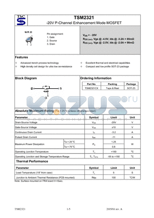 TSM2321CX datasheet - -20V P-Channel Enhancement Mode MOSFET