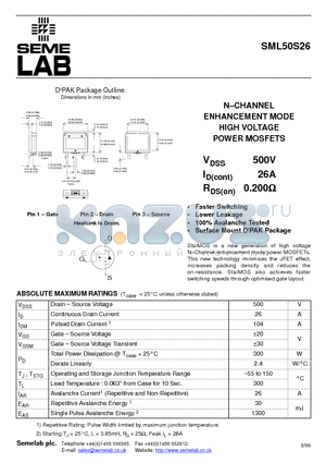 SML50S26 datasheet - N-CHANNEL ENHANCEMENT MODE HIGH VOLTAGE POWER MOSFETS