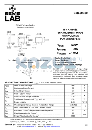 SML50S30 datasheet - N-CHANNEL ENHANCEMENT MODE HIGH VOLTAGE POWER MOSFETS