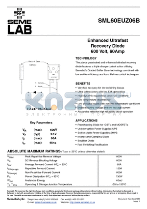 SML60EUZ06B datasheet - Enhanced Ultrafast Recovery Diode 600 Volt, 60Amp