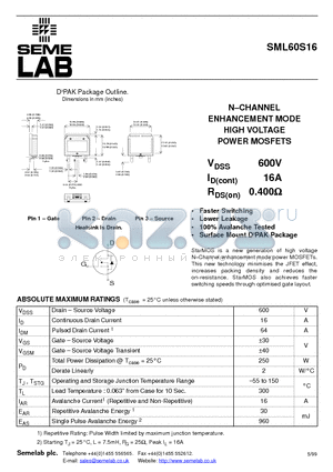 SML60S16 datasheet - N-CHANNEL ENHANCEMENT MODE HIGH VOLTAGE POWER MOSFETS
